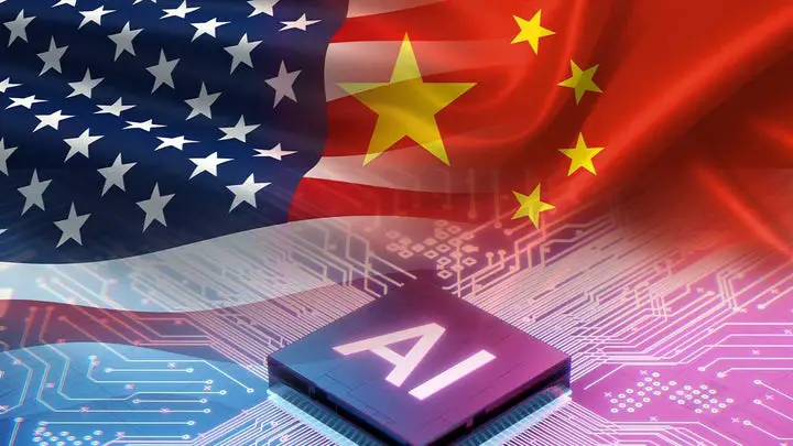 An artistic representation of the American and Chinese flags overlapping, with a central focus on a computer chip displaying the text "AI." The background features a circuit board design, symbolizing technology and artificial intelligence.