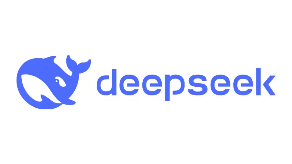 A stylized blue whale logo next to the word "deepseek" in a modern, bold font, also colored blue, on a white background.