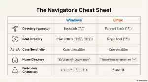 Table comparing Windows and Linux file system navigation: directory separator, root, case sensitivity, home directory, and forbidden characters.