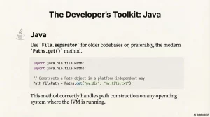 A slide from 'The Developer's Toolkit: Java' explaining how to construct platform-independent file paths using `Paths.get()` in Java, with a code example.