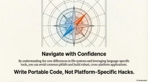 A compass rose with blue and orange highlights above text: 'Navigate with Confidence' and 'Write Portable Code'.