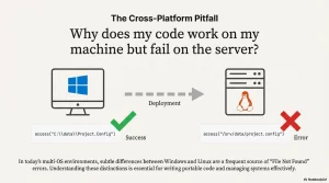 Code works on Windows (C:\data\Project.Config) but fails on Linux server (/srv/data/project.config) after deployment due to file path differences.