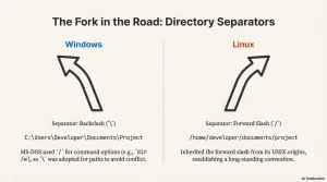 A diagram comparing directory path separators: Windows uses backslash (\), Linux uses forward slash (/). Includes examples and history.