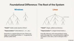 Diagram comparing Windows multi-rooted file system (C:, D:) with Linux's single unified root (/). Explains the foundational difference.