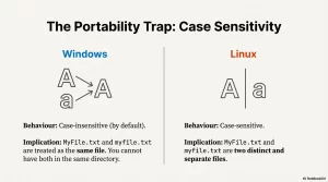 Diagram showing Windows file systems are case-insensitive (A=a) while Linux file systems are case-sensitive (A≠a).