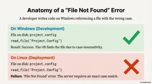 Diagram illustrating a 'File Not Found' error. Windows handles case-insensitive file paths, but Linux requires exact case.